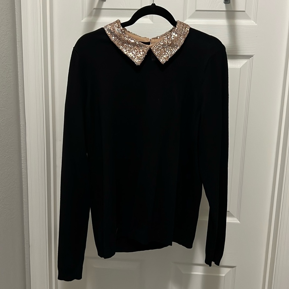 New with Tags - fitted black sweater with gold sequin collar detail